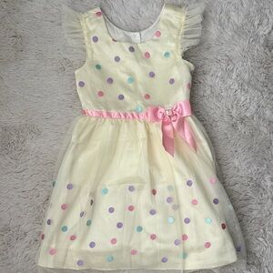 Jona Michelle Sz 7 Girls' Polka Dot Party Dress - Pastel Yellow with Pink Bow